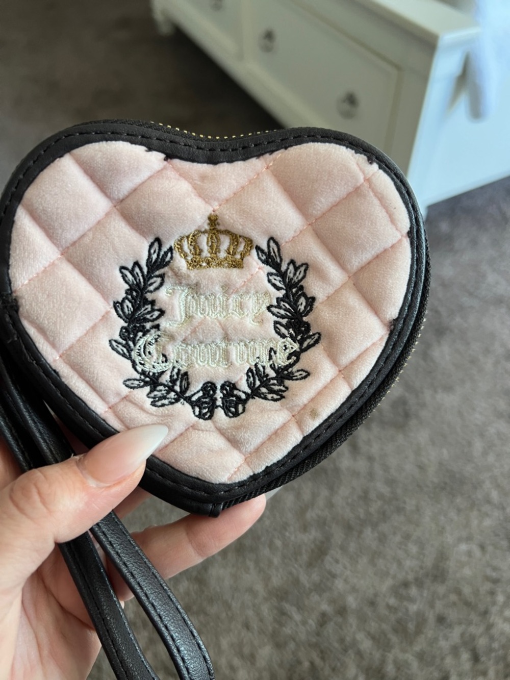 Juicy Couture Quilted Heart Wristlet in Light Pink and Black Trim